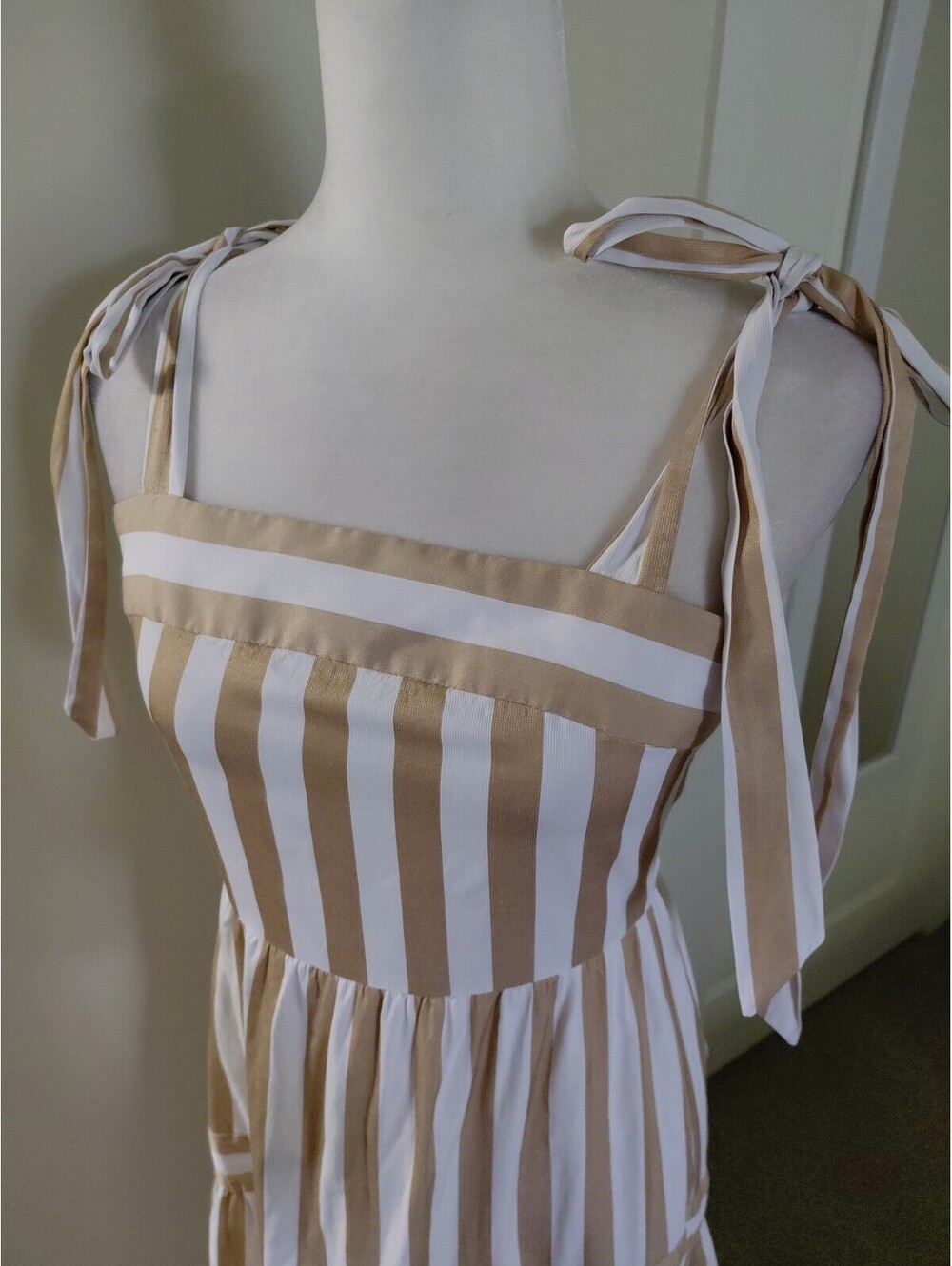 Champagne & Strawberry Striped “Im with You” Tie Straps Midi Dress Sz S EUC